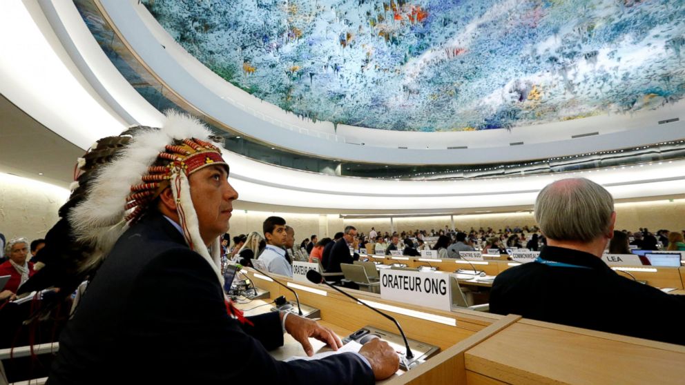 PHOTO: Dave Archambault II, chairman of the Standing Rock Sioux tribe, waits to give his speech against the Energy Transfer Partners' Dakota Access oil pipeline during the Human Rights Council at the United Nations in Geneva, Sept. 20, 2016. 
