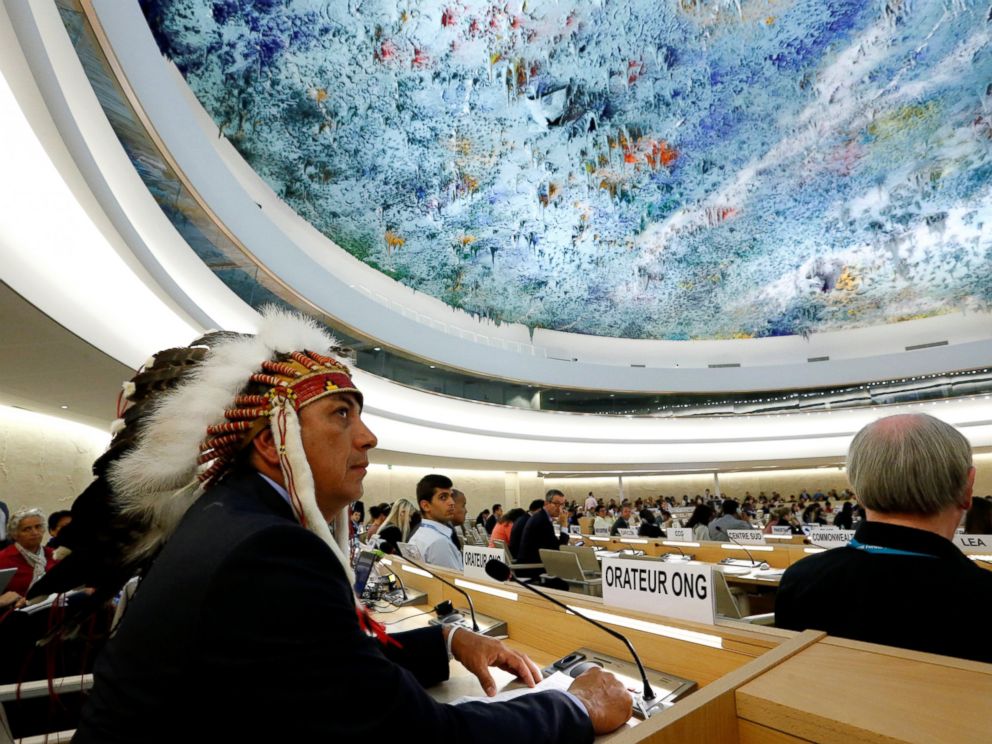 PHOTO: Dave Archambault II, chairman of the Standing Rock Sioux tribe, waits to give his speech against the Energy Transfer Partners Dakota Access oil pipeline during the Human Rights Council at the United Nations in Geneva, Sept. 20, 2016.