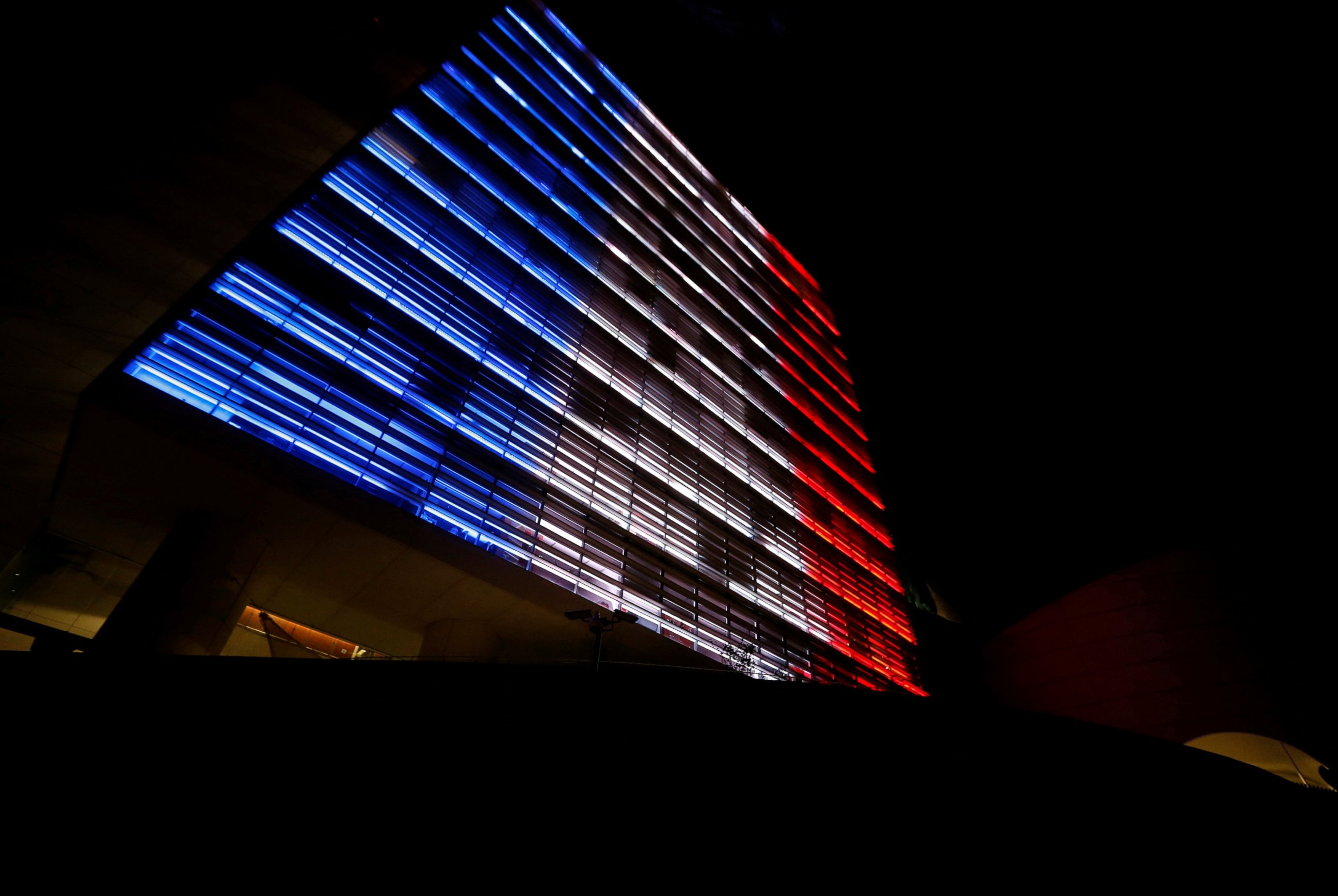 PHOTO: The Senate building is lit up in blue, white and red, the colors of the French flag in Mexico City, Mexico, July 14, 2016, in tribute to the attack victims of Nice, France.