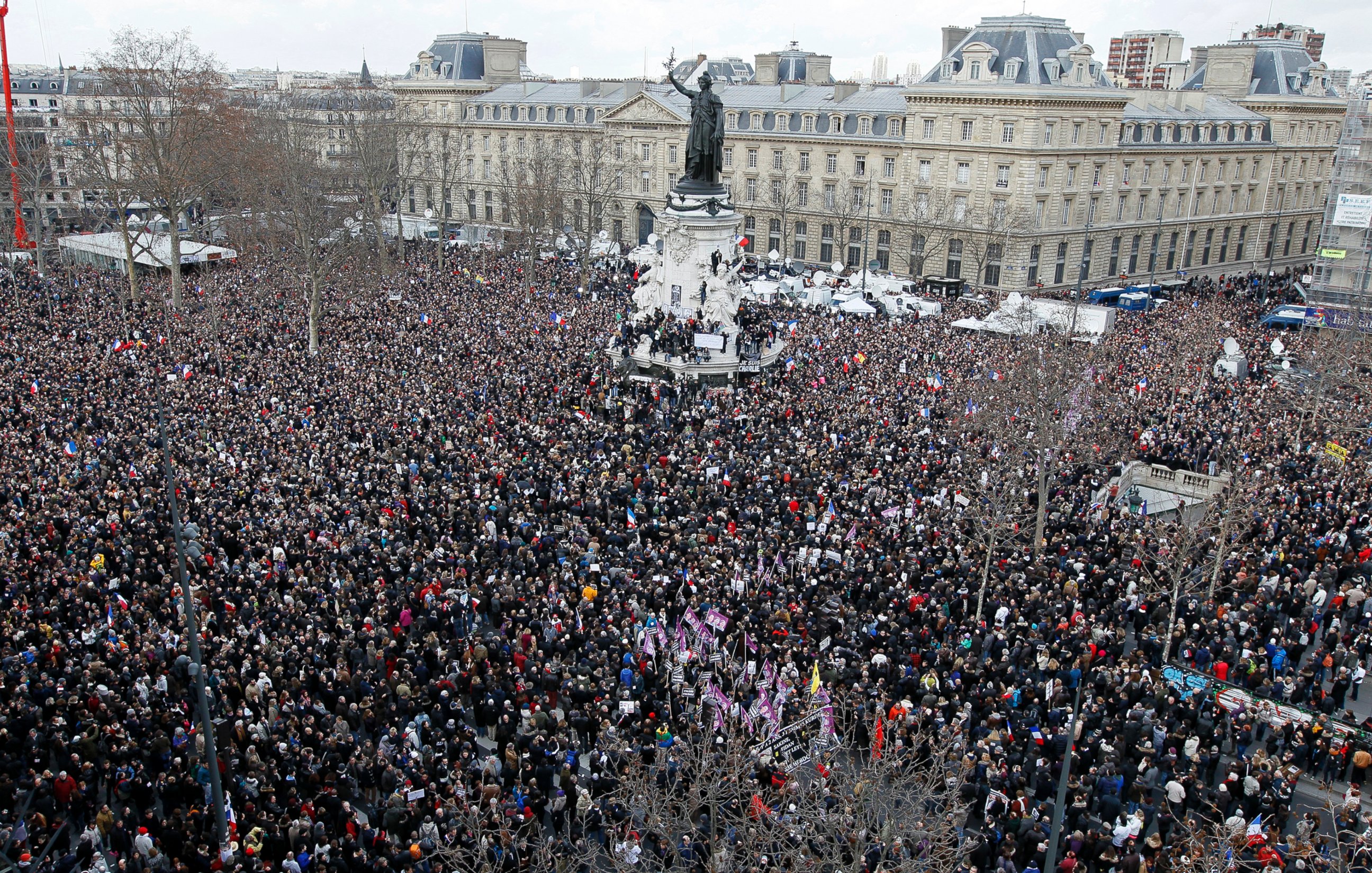 PHOTO: A general view shows Hundreds of thousands of people gathering on the Place de la Republique to attend the solidarity march (Rassemblement Republicain) in the streets of Paris, Jan. 11, 2015. 