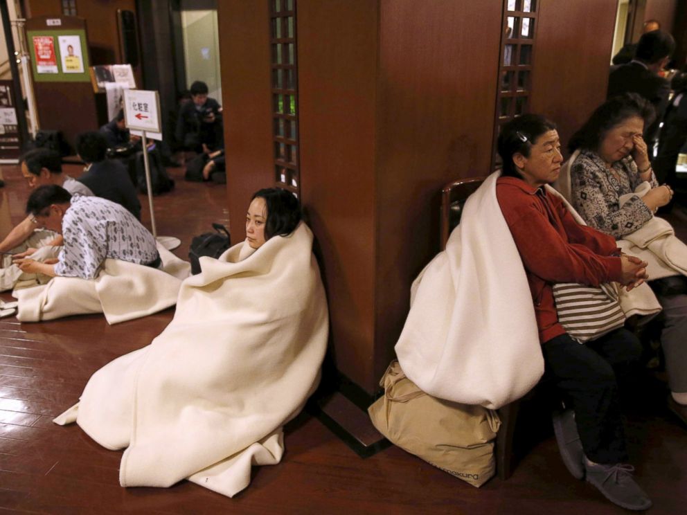 PHOTO: Hotel guests gather at the lobby after another earthquake hit the area in Kumamoto, southern Japan, in this photo taken by Kyodo, April 16, 2016.