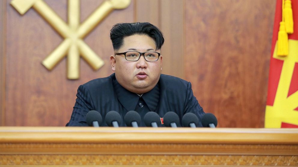 North Korean leader Kim Jong Un gives a New Year's address for 2016 in Pyongyang, in this undated photo released by Kyodo, Jan. 1, 2016. 