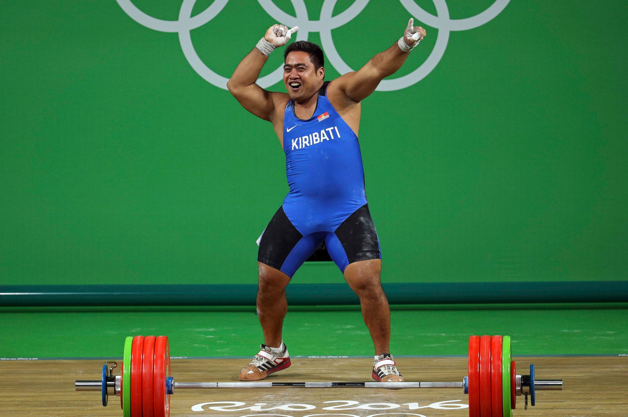 PHOTO: David Katoatau of Kiribati celebrates a successful lift in the men's 105kg weightlifting final, at the Olympic Games in Rio de Janeiro, Aug. 15, 2016.