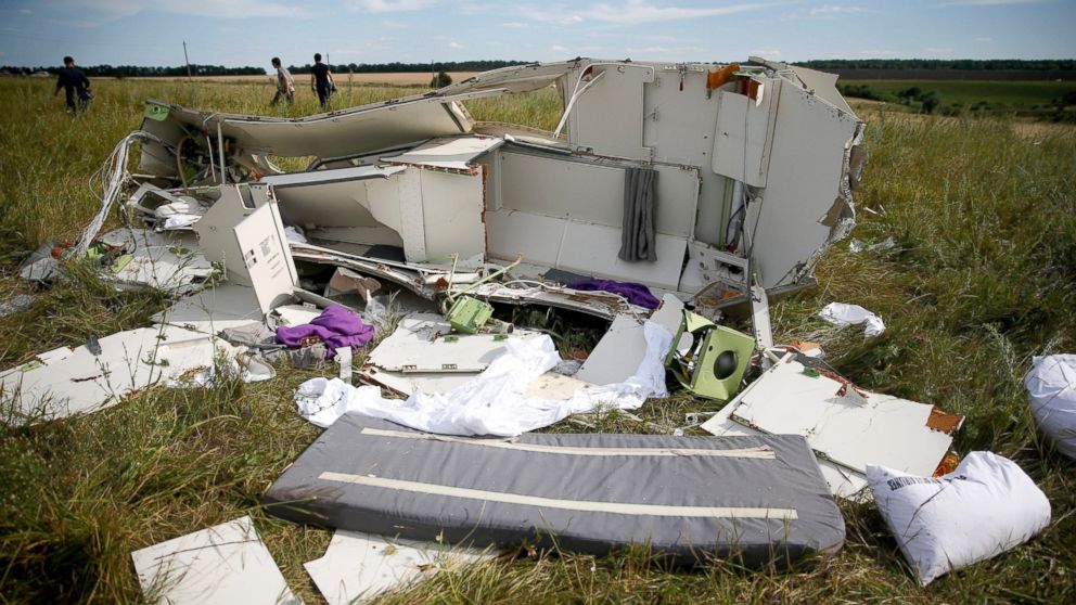 Parts of the wreckage are seen at a crash site of the Malaysia Airlines Flight MH17 near the village of Hrabove (Grabovo), Ukraine, July 21, 2014.