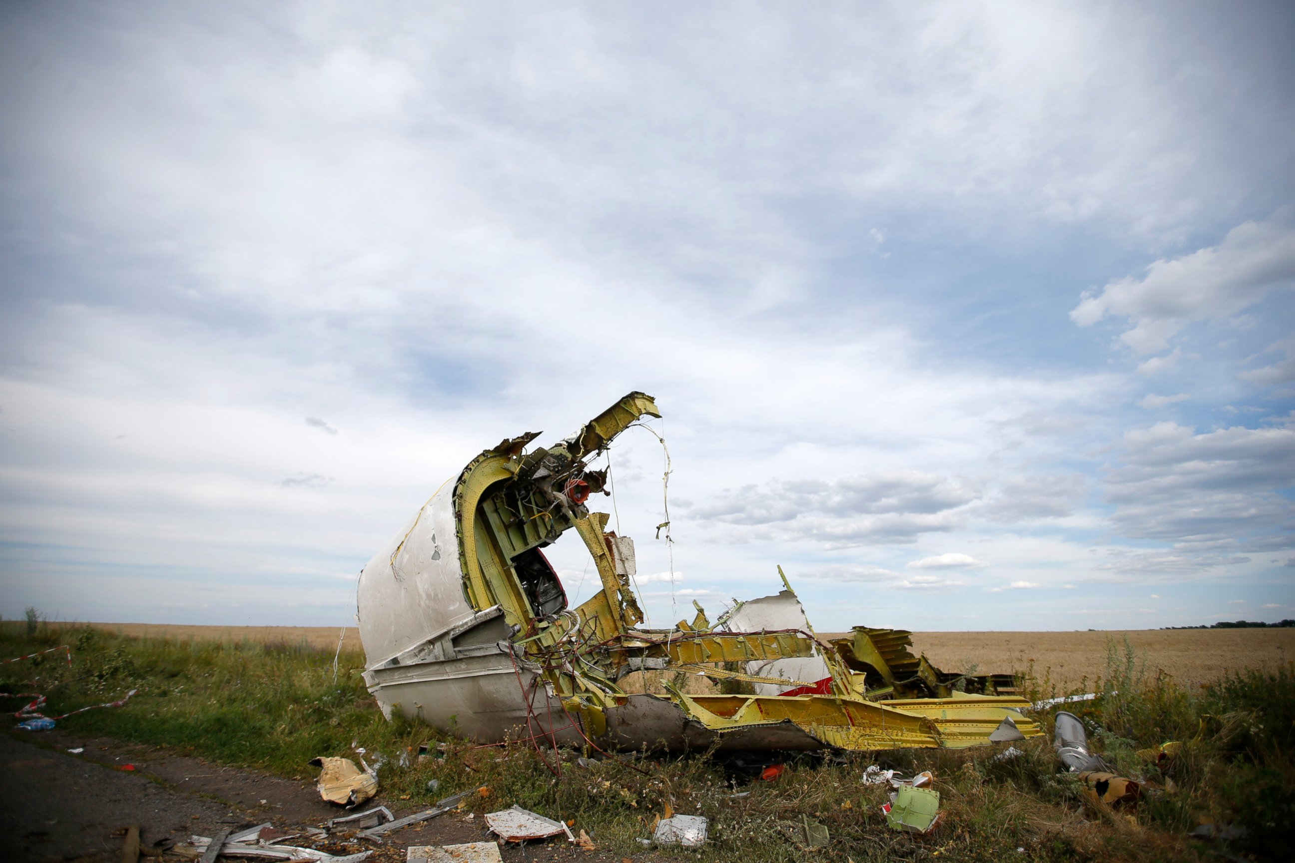 PHOTO: A part of the wreckage is seen at the crash site of the Malaysia Airlines Flight MH17 near the village of Hrabove (Grabovo), Ukraine, July 21, 2014. 