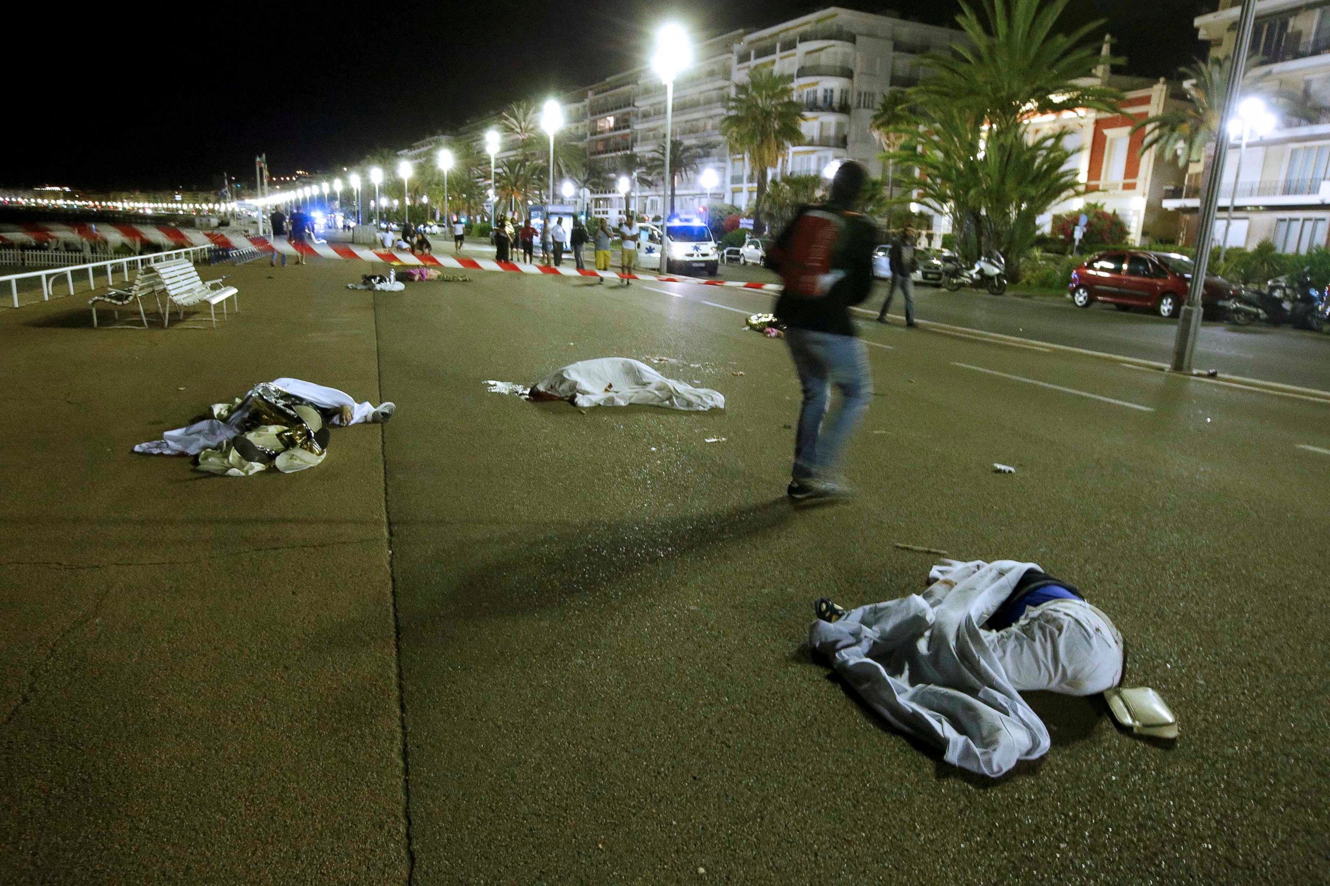 PHOTO: Bodies are seen on the ground, July 15, 2016, after at least 30 people were killed in Nice, France, when a truck ran into a crowd celebrating the Bastille Day national holiday July 14. 