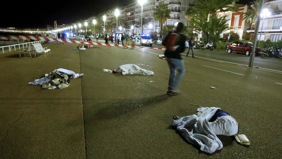 PHOTO: Bodies are seen on the ground, July 15, 2016, after at least 30 people were killed in Nice, France, when a truck ran into a crowd celebrating the Bastille Day national holiday July 14. 