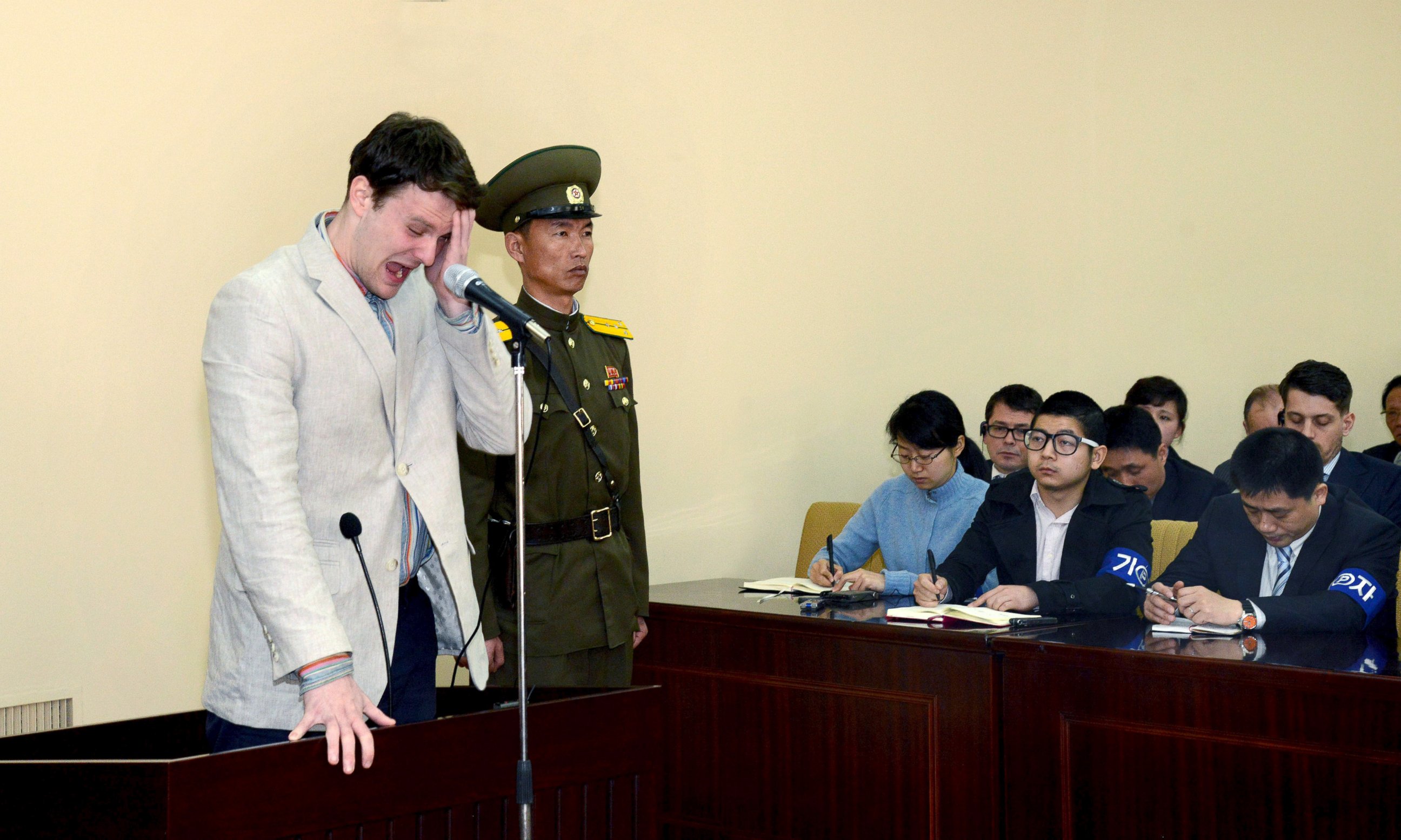 PHOTO: U.S. student Otto Warmbier cries at court in an undisclosed location in North Korea, in this photo released by North Korea's Korean Central News Agency (KCNA) in Pyongyang on March 16, 2016.