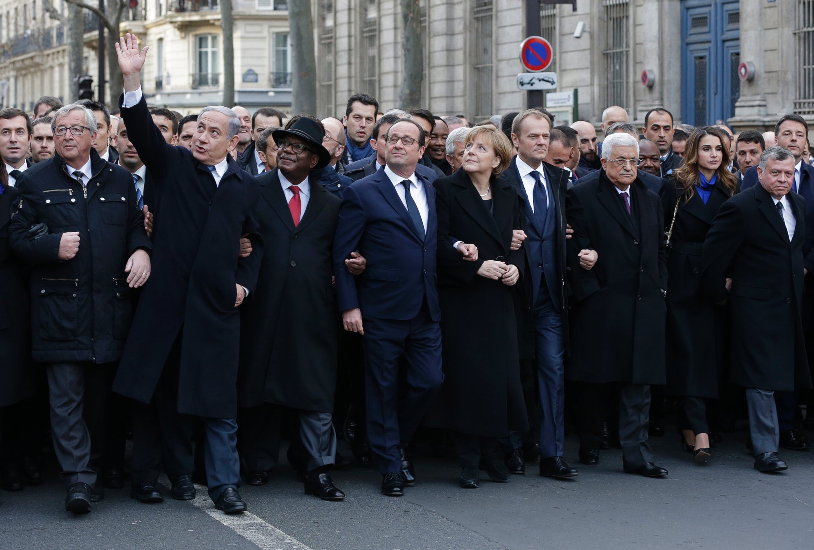 PHOTO: French President Francois Hollande is surrounded by head of states as they attend the solidarity march (Marche Republicaine) in the streets of Paris, Jan. 11, 2015. 