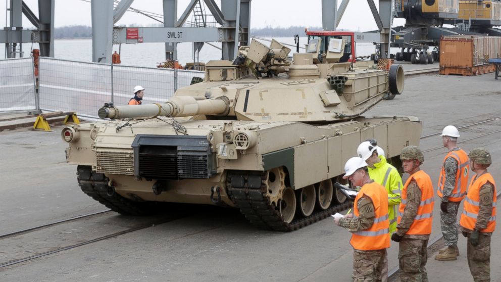 An Abrams main battle tank, for U.S. troops deployed in the Baltics as part of NATO's Operation Atlantic Resolve, leaves Riga port, March 9, 2015.