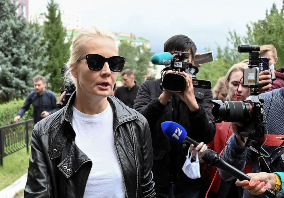 PHOTO: Yulia Navalnaya, wife of Russian opposition leader Alexei Navalny, speaks with the media outside a hospital, where Alexei receives medical treatment in Omsk, Russia August 21, 2020. 