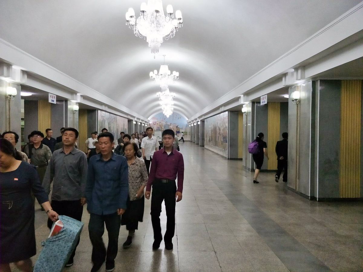 PHOTO: Chandeliers hang in a corridor of Rakwon Station, Pyongyang, North Korea, June 8, 2019