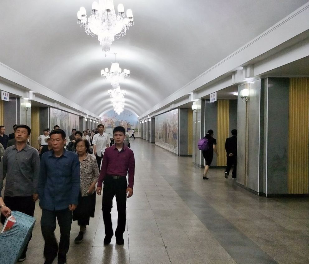 PHOTO: Chandeliers hang in a corridor of Rakwon Station, Pyongyang, North Korea, June 8, 2019
