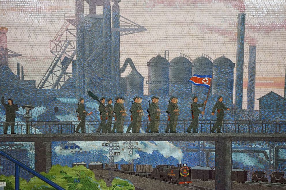 PHOTO: A mosaic on a wall in Rakwon Station, Pyongyang, North Korea, June 8, 2019.