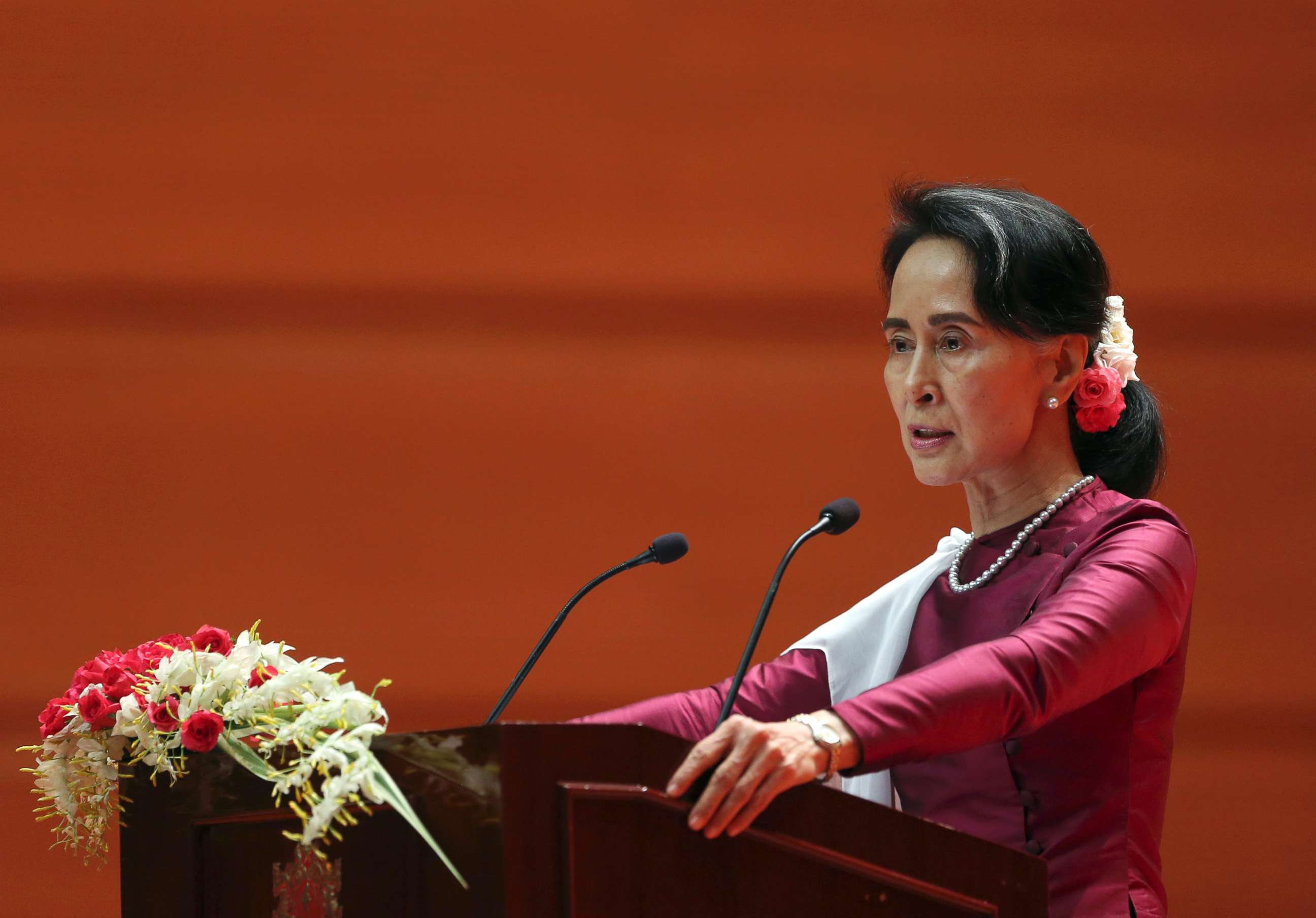 PHOTO: Myanmar's State Counsellor Aung San Suu Kyi delivers a televised speech to the nation at the Myanmar International Convention Center in Naypyitaw, Myanmar, Sept. 19, 2017. 