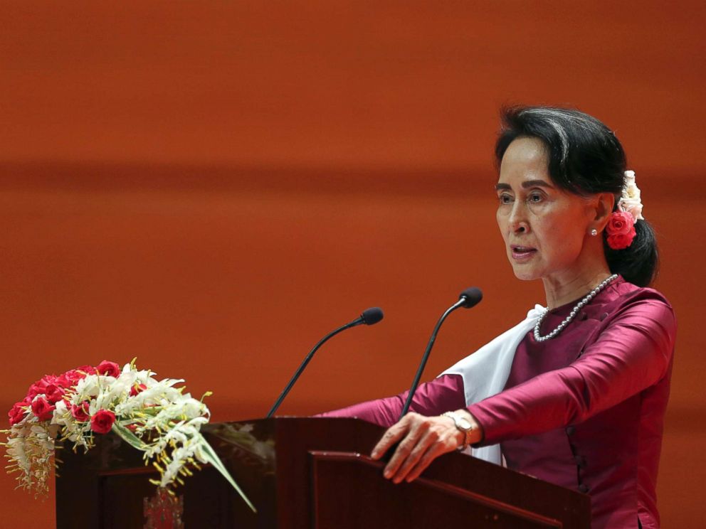 PHOTO: Myanmars State Counsellor Aung San Suu Kyi delivers a televised speech to the nation at the Myanmar International Convention Center in Naypyitaw, Myanmar, Sept. 19, 2017.