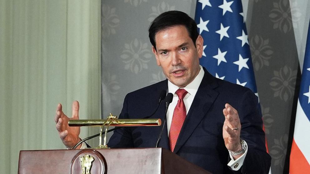 PHOTO: Secretary of State Marco Rubio addresses a press conference at Hyderabad House in New Delhi on May 24, 2026.