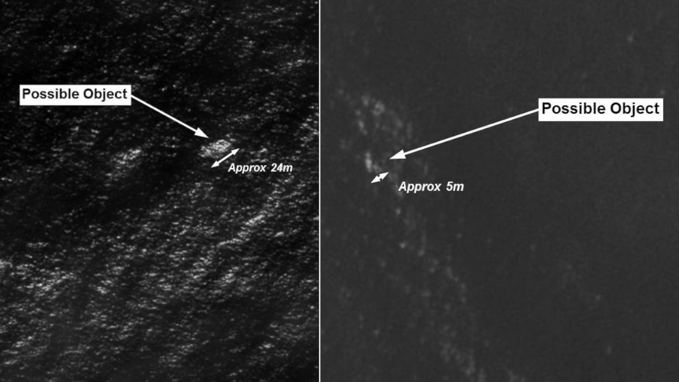 Satellite images released by the Australian government show possible objects in the Indian Ocean that search crews are trying to locate.