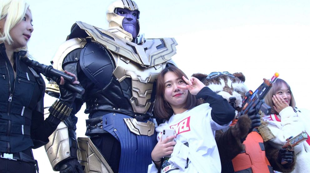 PHOTO: Marvel comics fans in South Korea take selfies with Marvel costume players, Oct. 27, 2019, Seoul, South Korea.