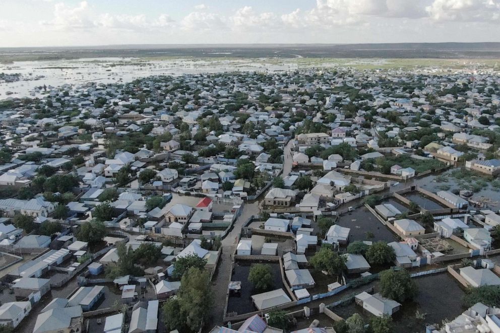 PHOTO: This aerial view shows floodwater in Beledweyne, central Somalia, on May 13, 2023.