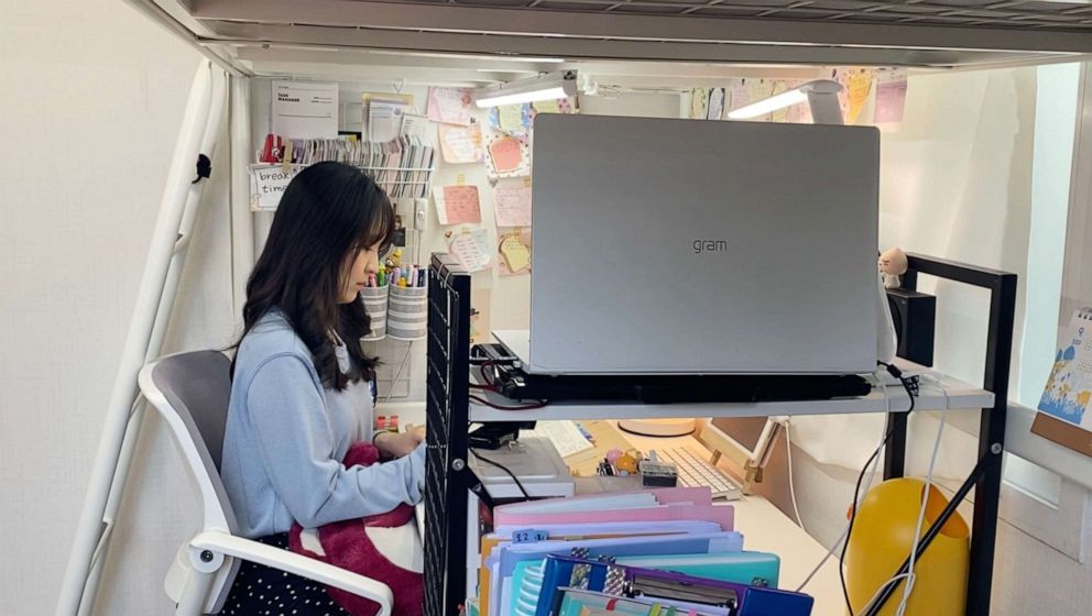 PHOTO: 27-year-old Hani Kang broadcasts herself studying on her YouTube channel in Suwon, South Korea, April 18, 2021.