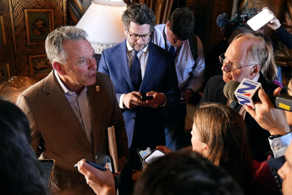 PHOTO: Steve Witkoff talks with reporters after a news conference by President-elect Donald Trump at Mar-a-Lago, on Jan. 7, 2024, in Palm Beach, Florida.
