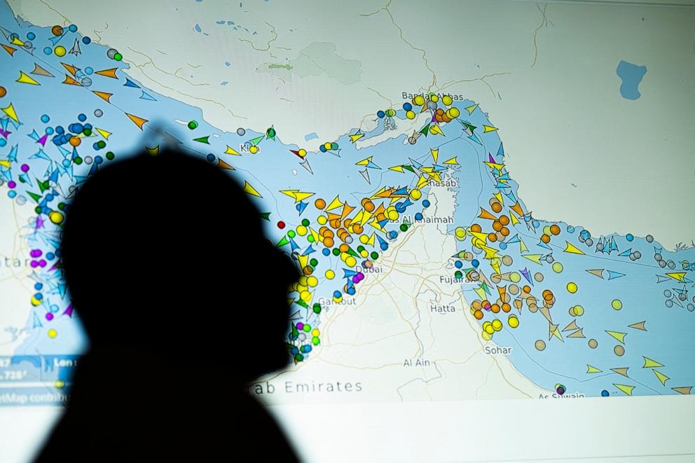 PHOTO: A photo illustration taken in Nicosia, Cyprus, on May 4, 2026, shows a person in front of a large screen displaying vessel movements in the Strait of Hormuz on a ship-tracking website.