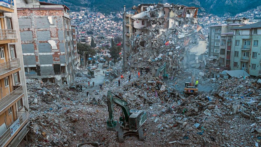 PHOTO: Workers remove the rubble of collapsed buildings in Antakya, Turkey, after an earthquake caused widespread destruction in the area, Feb. 20, 2023.