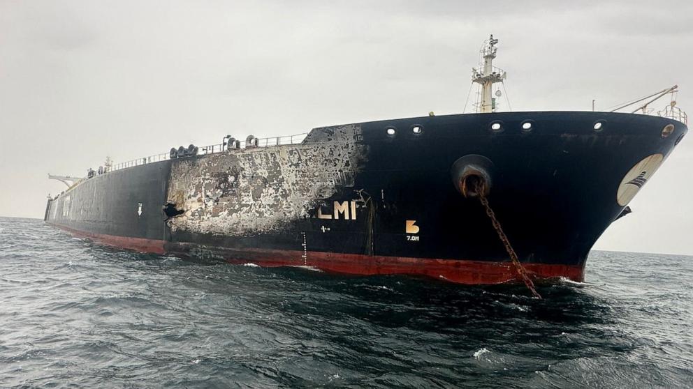 PHOTO: Damage to the Kuwait-flagged Al-Salmi crude oil tanker, following a reported strike, amid the U.S.-Israeli conflict with Iran, March 31, 2026.
