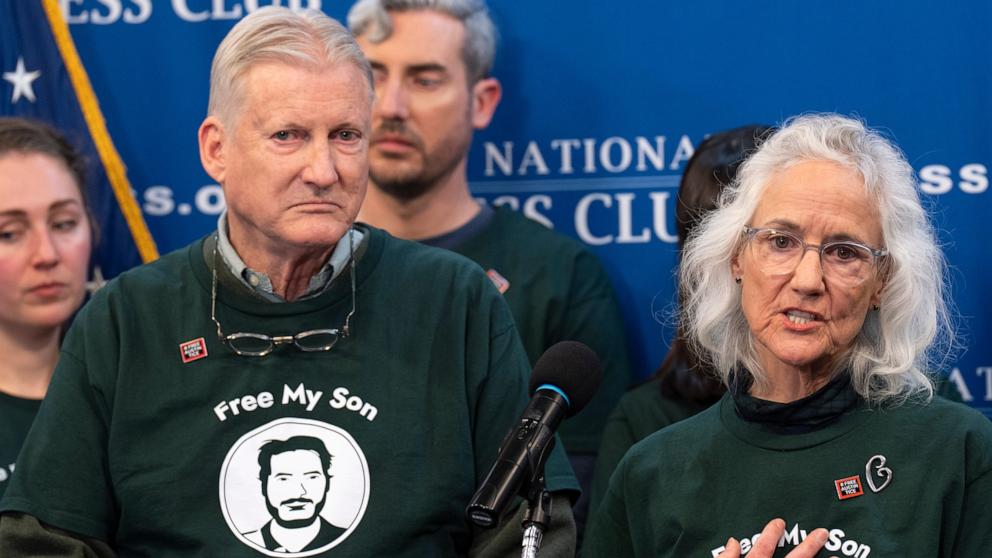 PHOTO: Marc Tice (L) and Debra Tice (R) -- the parents of Austin Tice, a journalist who was kidnapped in Syria in 2012 -- are pictured during a press conference on Dec. 6, 2024.