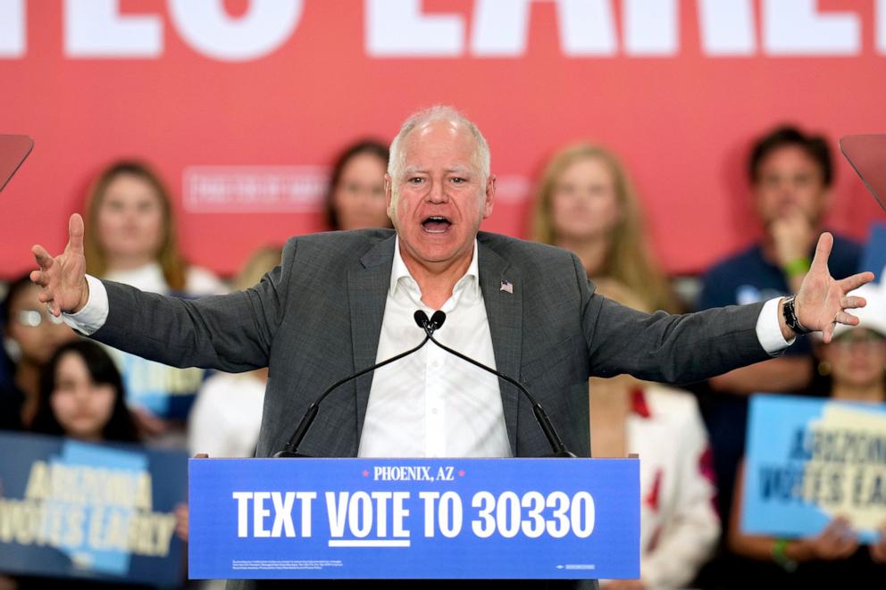 PHOTO: Democratic vice presidential nominee Minnesota Gov. Tim Walz speaks during a campaign event at Trevor Browne High School on Oct. 26, 2024, in Phoenix, Arizona.