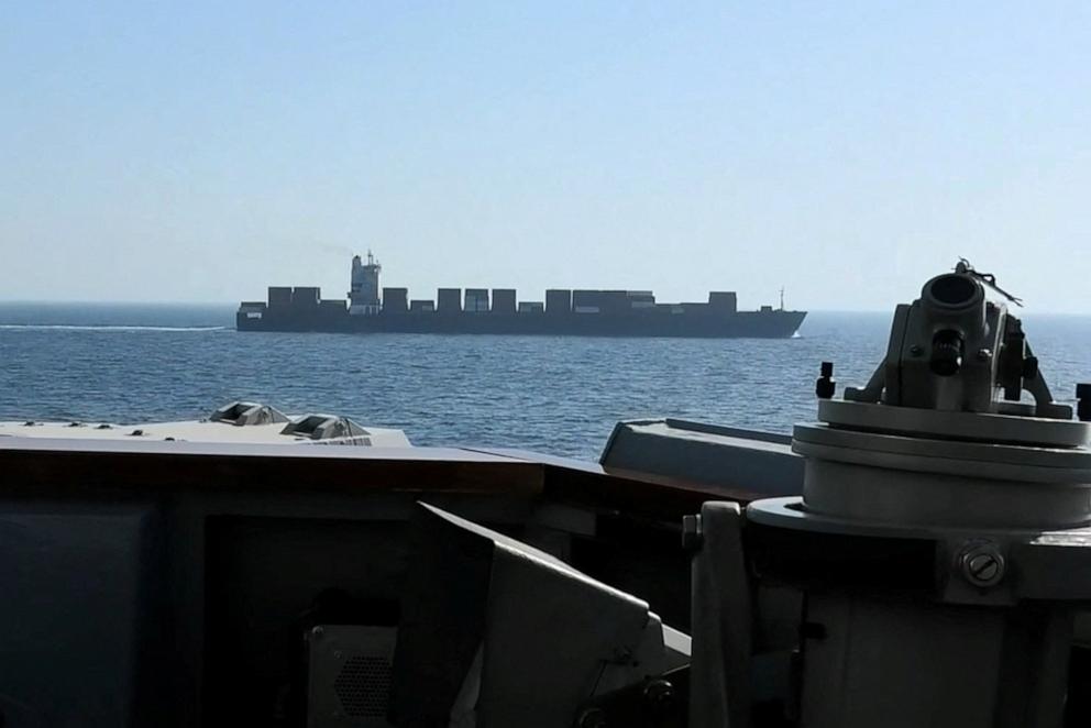 PHOTO: A view of Iranian-flagged cargo ship M/V Touska as the U.S. Navy USS Spruance conducts its interception in a location given as the north Arabian Sea, in this screen capture from a video released on April 19, 2026.