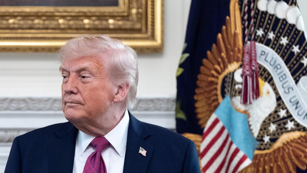 President Donald Trump departs after speaking at an event for NCAA national champions in the State Dining Room of the White House, on April 21, 2026, in Washington, D.C.Donald Trump
