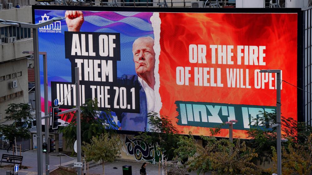 PHOTO: An electronic billboard image of President-elect Donald Trump is pictured in Tel Aviv, Israel, on Jan. 8, 2025.