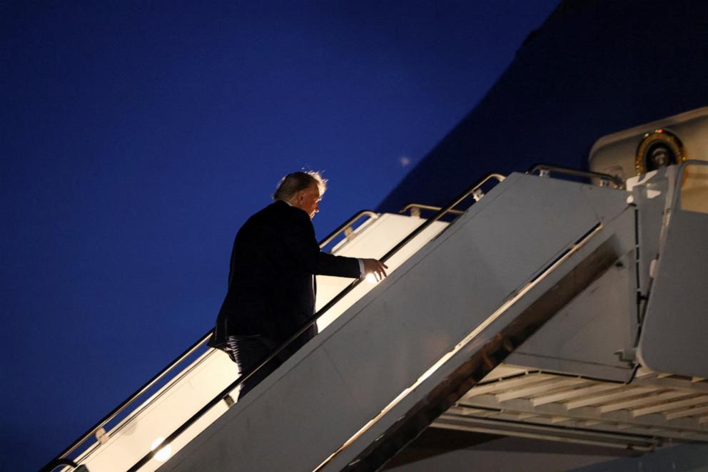 PHOTO: President Donald Trump boards Air Force One as he departs early from the G7 Leaders' Summit via Calgary International Airport in Calgary, Alberta, Canada, on June 16, 2025.
