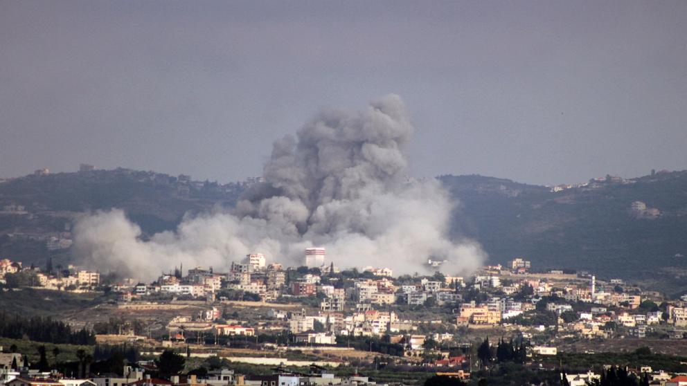 PHOTO: Smoke rises from the site of Israeli airstrikes that targeted the village of Rmadiyeh in the Tyre district of southern Lebanon on May 26, 2026.