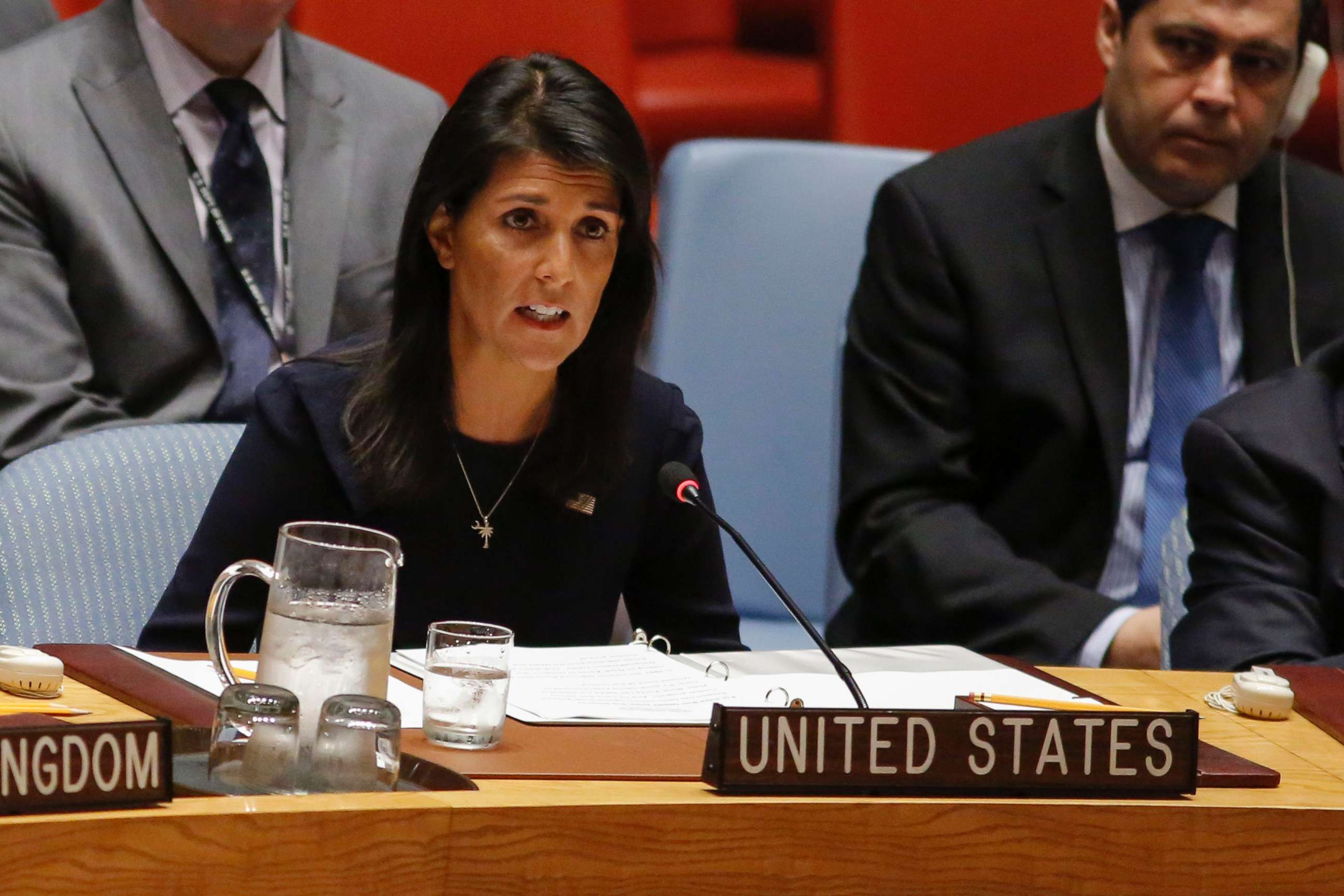 PHOTO: United States Ambassador to the United Nations Nikki Haley speaks during a UN Security Council emergency meeting over North Korea's latest missile launch, on September 4, 2017 at UN Headquarters in New York.
