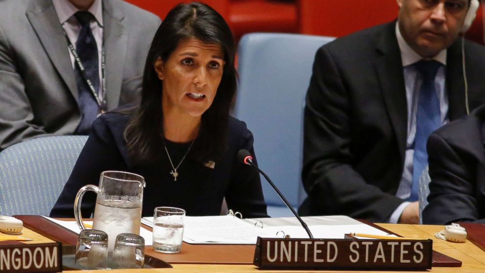 PHOTO: United States Ambassador to the United Nations Nikki Haley speaks during a UN Security Council emergency meeting over North Korea's latest missile launch, on September 4, 2017 at UN Headquarters in New York.
