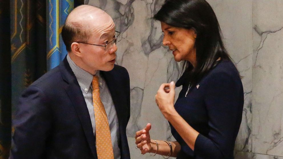 PHOTO: U.S. Ambassador to the U.N. Nikki Haley,right, speaks with Chinese Ambassador to the U.N., Liu Jieyi before a UN Security Council emergency meeting over North Korea's latest missile launch, on September 4, 2017.