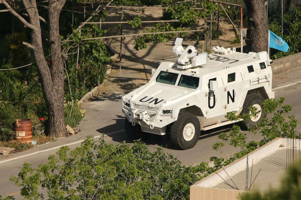 PHOTO: A United Nations Interim Force in Lebanon (UNIFIL) armored vehicle armored vehicle patrols the southern Lebanese border area of Marjayoun on May 11, 2026.