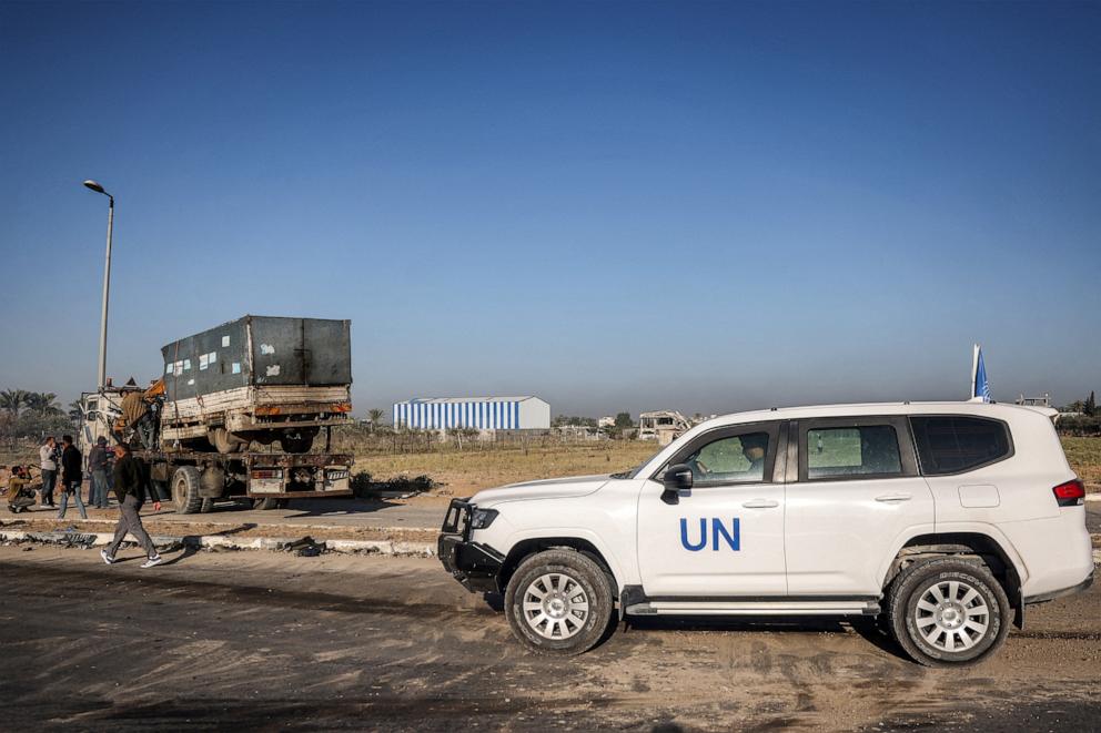 PHOTO: A United Nations vehicle is parked close to a destroyed truck reportedly used by UNRWA staff in the central Gaza Strip on Oct. 23, 2024.