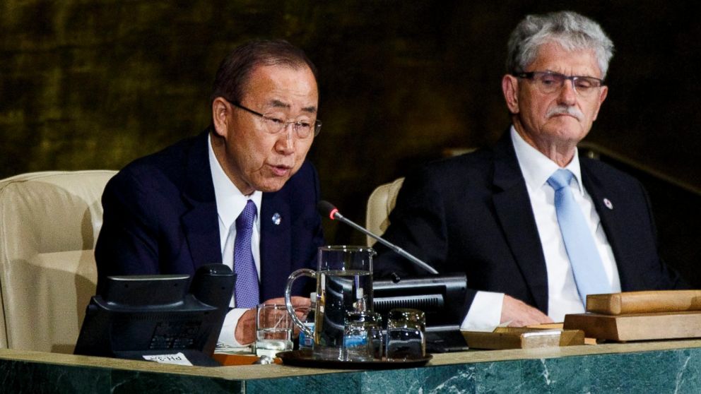 U.N. Secretary-General Ban Ki-moon (L) speaks as Mogens Lykketoft (R), president of the UN General Assembly, listens at the start of a high-level meeting of the United Nations General Assembly on HIV/AIDS in New York, NY, on June 8, 2016. 