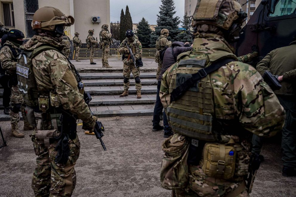 PHOTO: Ukrainian servicemen take part in a joint military training of armed forces, national guards, border guards and Security Service of Ukraine in Rivne region, near the border with Belarus, on February 11, 2023, amid the Russian invasion of Ukraine.