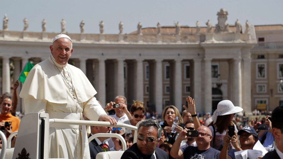 Pope Francis leaves at the end of his weekly general audience, at the Vatican, April 25, 2018.