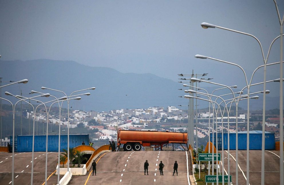 PHOTO: Bolivarian Army soldiers stand guard on the Tienditas International Bridge that links Colombia and Venezuela, near Urena, Venezuela, Feb. 8, 2019. 