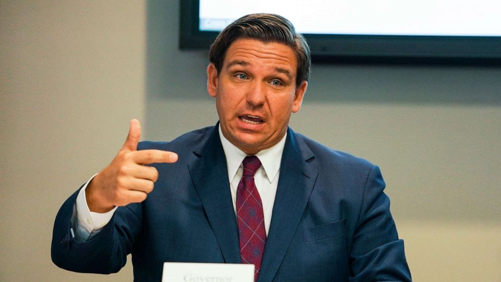 PHOTO: Florida Gov. Ron DeSantis answers questions during a roundtable discussion at the Tampa Bay Crisis Center on July 16, 2020, in Tampa, Fla.