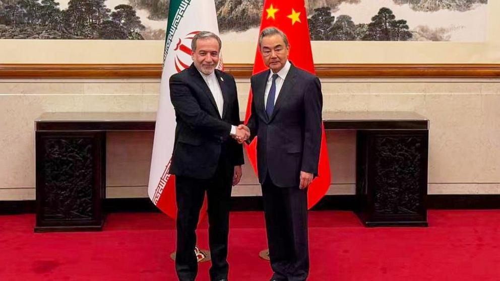 PHOTO: In this photo released by the Telegram channel of Iranian Foreign Minister Abbas Araghchi, China's Foreign Minister Wang Yi (R) meets with Araghchi in Beijing, China, on May 6, 2026.