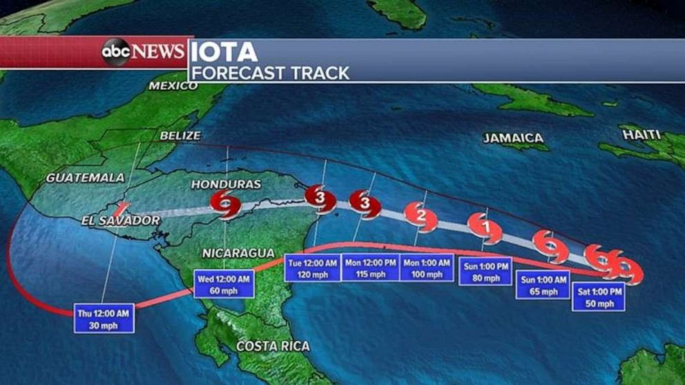 PHOTO: By Monday and Tuesday, Iota will likely be a major hurricane as it approaches Nicaragua and Honduras's coast. 