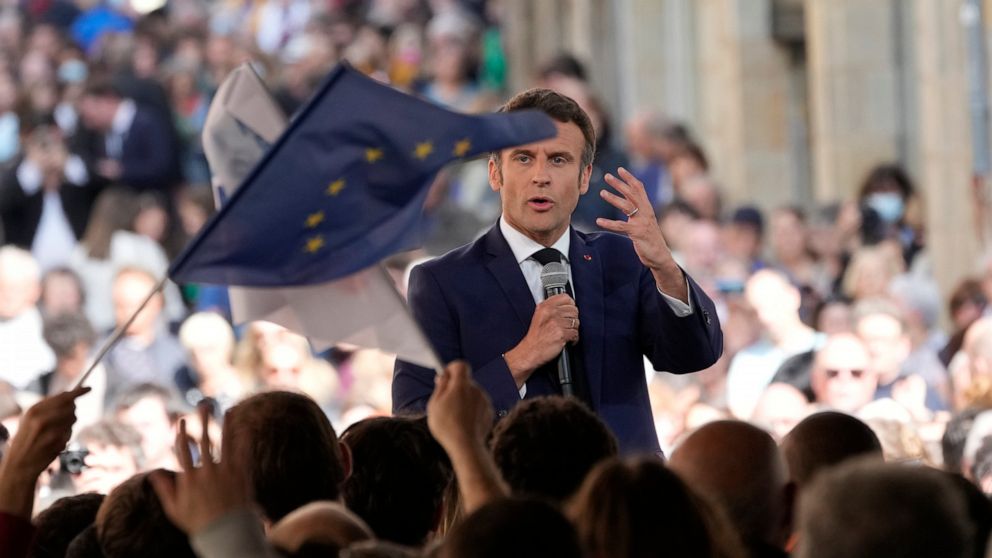 Centrist candidate and French President Emmanuel Macron speaks during a campaign rally Friday, April 22, 2022 in Figeac, southwestern France. Emmanuel Macron is facing off against far-right challenger Marine Le Pen in France's April 24 presidential r