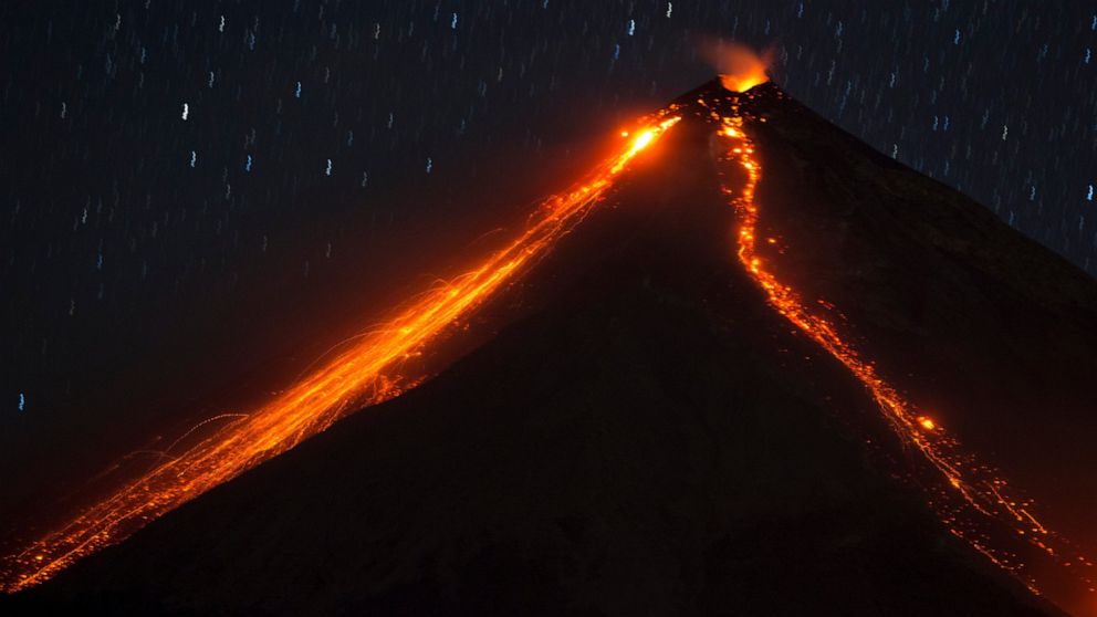 FILE - In this Jan. 4, 2016, file photo, the Volcano of Fire releases lava, seen from Escuintla, Guatemala. In Spanish it's known as "El Volcan del Fuego." (AP Photo/Moises Castillo, File)
